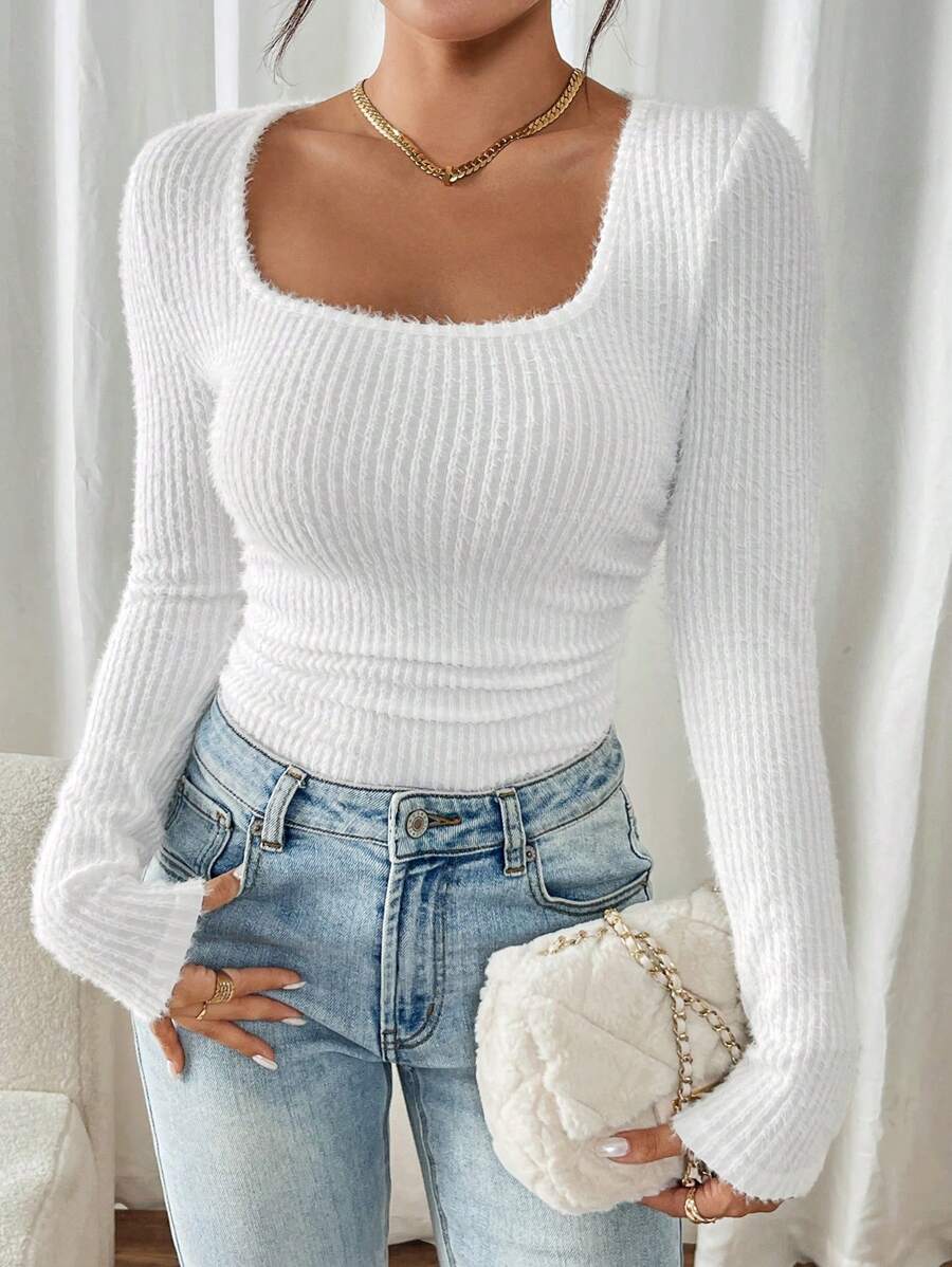 SHEIN Frenchy 女式纯色方领长袖修身 T 恤，秋季 - 白色 - 查看 1