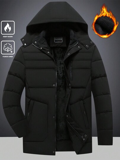 Manfinity Homme Men's Casual Solid Color Thickened Hooded Padded Coat For Winter, Going Out Black Bubble Coat, For Friends, Husband, Boyfriend Gifts, For Fall