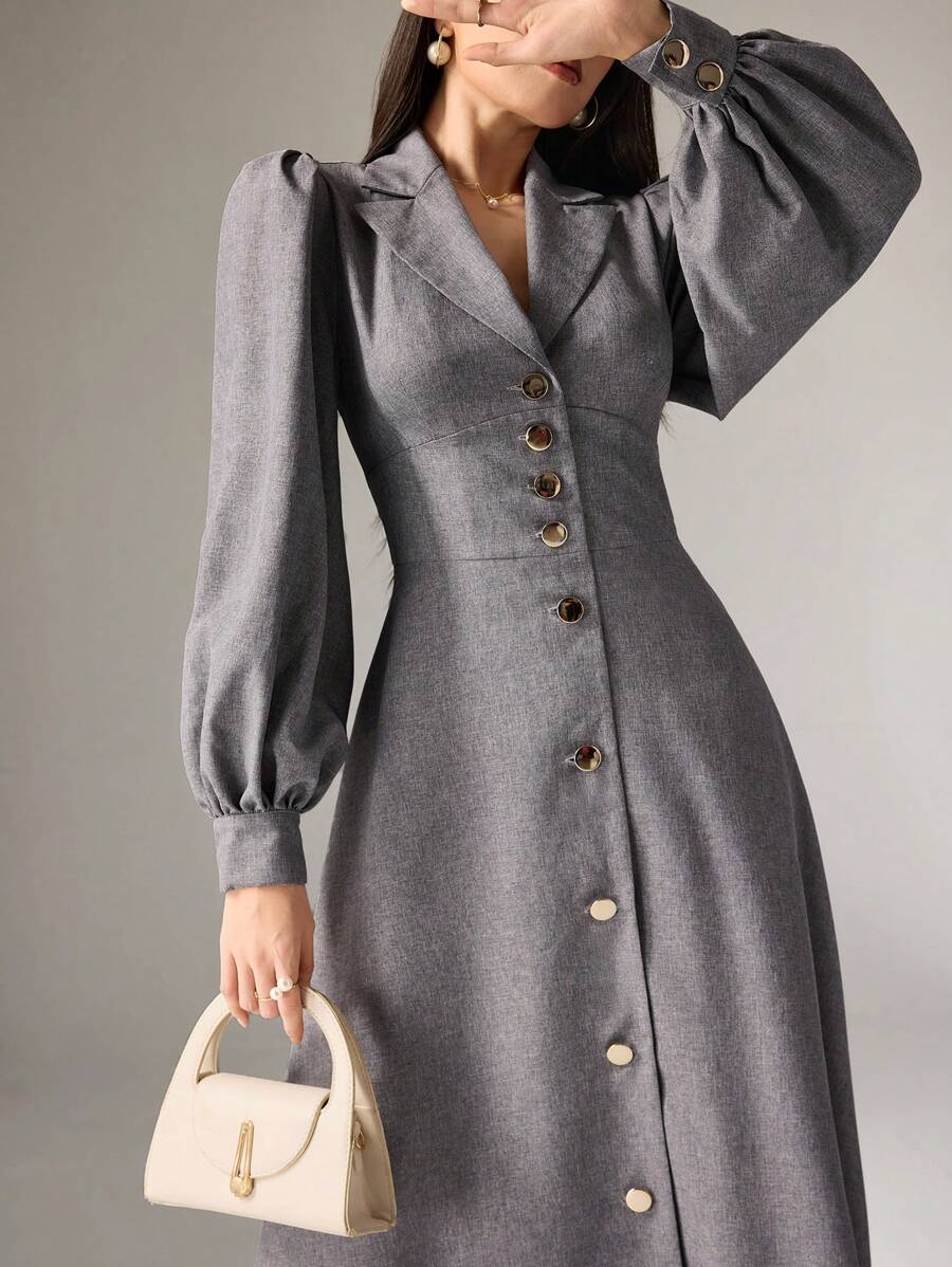 Heiryn Vestido largo de mujer de mangas farol, botones frontales y unicolor elegante, para otoño - Gris - Ver 1