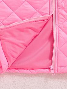 SHEIN Young Girls Diamond Pattern Padded Stand Collar Mid-Length Black Padded Coat, Warm And Comfortable, Autumn/Winter - Pink - View 6