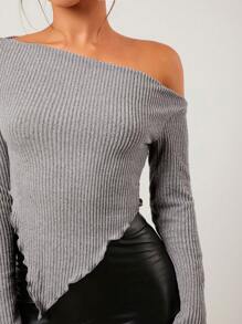 SHEIN SXY Camiseta ajustada de unicolor asimétrica talla grande, otoño - Gris - Ver 5