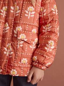 SHEIN Tween 女童红色花卉印花立领长袖口袋加厚外套，休闲日常穿着，秋冬季 - 棕色 - 查看 5