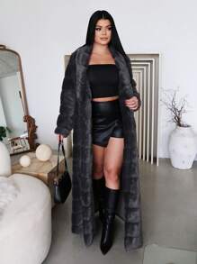 SHEIN SXY 女士蓬松内衬冬季外套，温暖毛绒灰色夹克 - 深灰色 - 查看 4
