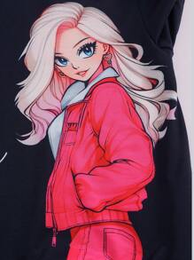 SHEIN 2pcs/Set Tween Girl Casual Digital Print Long Sleeve Hoodie Sweatshirt + Digital Print Knit Full Length Pants,Spring/Autumn - Black - View 6