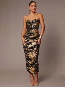 Silquee 女士优雅派对秋冬纯色聚拢闪光束身衣连衣裙黑色闪光涂层印花抹胸连衣裙 - 黑色 - 查看 9