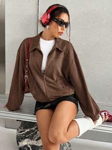 SHEIN EZwear 一件棕色针织女式拉链休闲百搭长袖开衫外套秋冬 - 咖啡棕 - 查看 1
