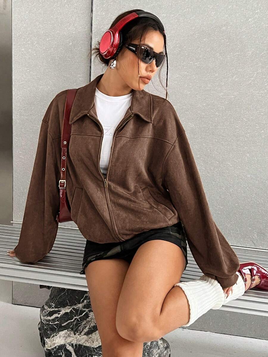 SHEIN EZwear 一件棕色针织女式拉链休闲百搭长袖开衫外套秋冬 - 咖啡棕 - 查看 1