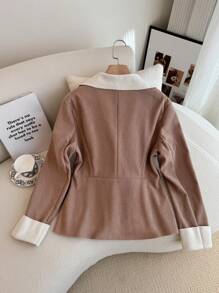 SHEIN Clasi 女士秋冬拼色翻领长袖休闲常规夹克羊毛夹克 - 卡其色 - 查看 2