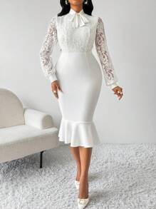 SHEIN Lady 白色领口吊带蕾丝连衣裙修身鱼尾优雅连衣裙荷叶边设计蕾丝长袖女式中长连衣裙白色连衣裙 - 白色 - 查看 5