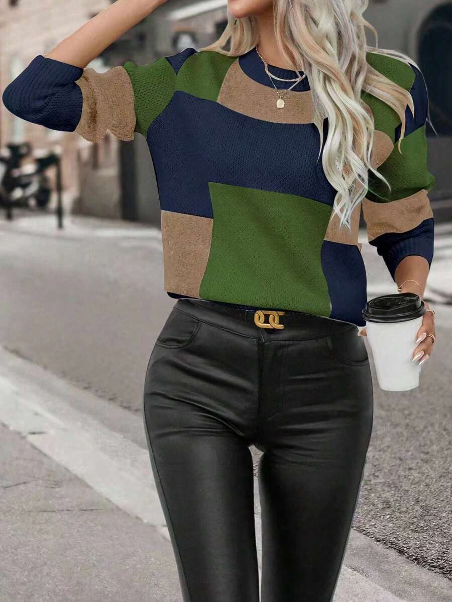 女士休闲日常撞色圆领宽松长袖毛衣，秋冬 - 彩色 - 查看 1