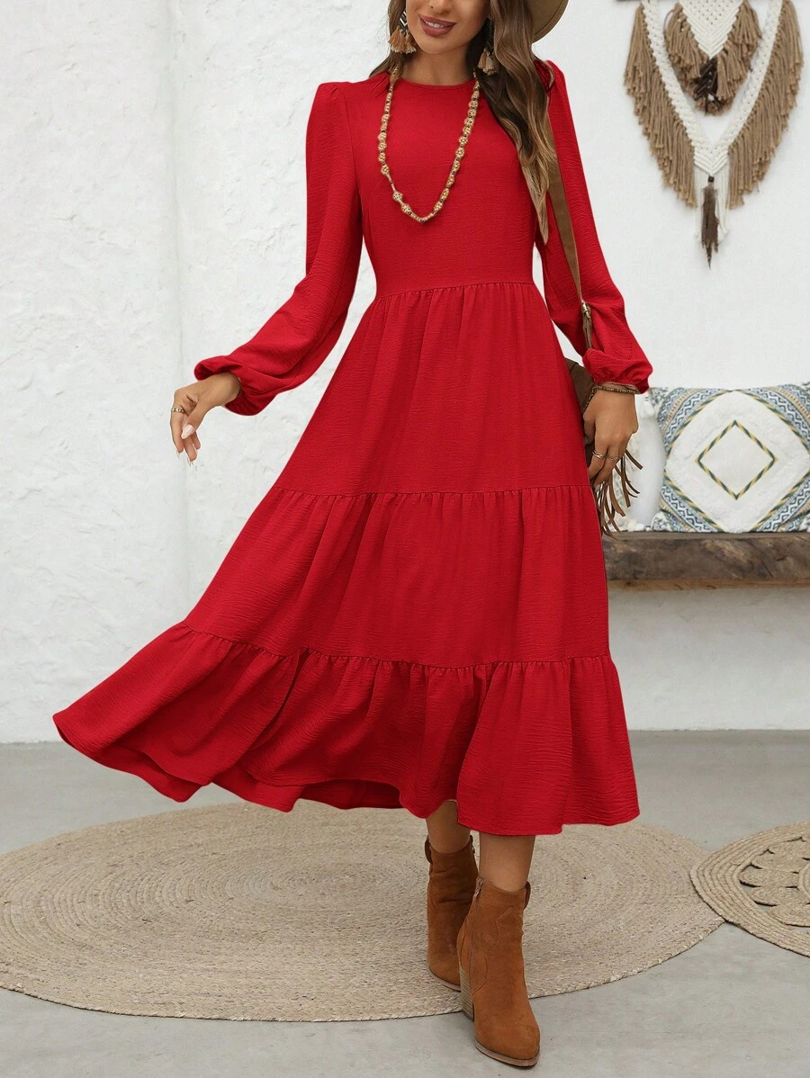 SHEIN VCAY 女士纯色灯笼袖休闲度假连衣裙 - 紅色 - 查看 1