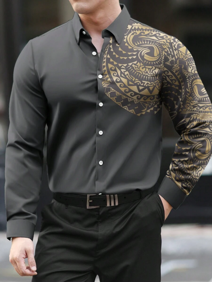 Manfinity AFTRDRK Men's Button Front Long Sleeve Printed Casual Top, Everyday Wear - Grey - View 1