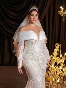 Glamrae 大码优雅奢华白色对比蕾丝细节透明长袖新娘礼服搭配经典法式蕾丝紧身胸衣和长拖尾 - 白色 - 查看 4