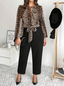 SHEIN Frenchy Plus Size Women Elegant Leopard Print Lantern Sleeve Twist Front Tie Waist Jumpsuit, Spring/Autumn - Multicolor - View 1