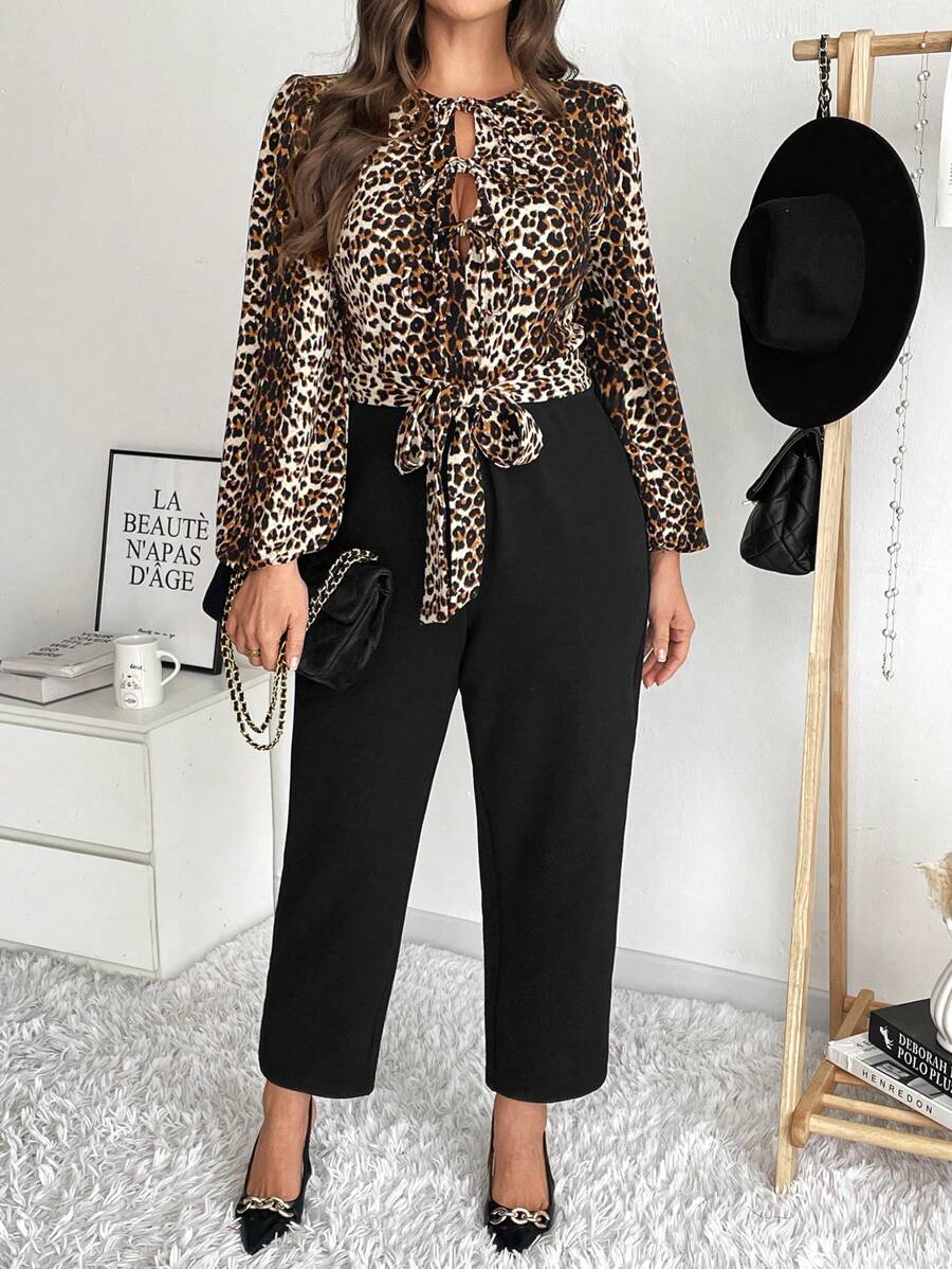 SHEIN Frenchy Plus Size Women Elegant Leopard Print Lantern Sleeve Twist Front Tie Waist Jumpsuit, Spring/Autumn - Multicolor - View 1