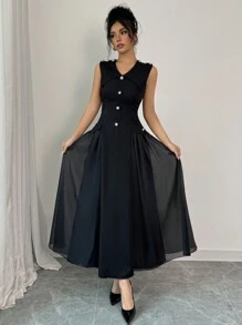 Chiquease 女士薄纱拼接 A 字型收腰荷叶边下摆派对连衣裙，修身优雅长款女士服装 - 黑色 - 查看 4