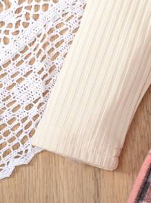 2 件套年轻女孩学院风服装，包括针织罗纹长袖上衣（有领子和蝴蝶结）和格子裙，秋冬 - 粉色 - 查看 5