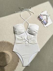 SHEIN Swim 1pc Women's Solid Color Textured Fabric Halter Backless Elegant Vacation One Piece Swimsuit Summer