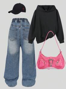 SHEIN Explorewe 2 件 Tween Girl 字母和蜘蛛印花长袖连帽衫和破洞裤，秋冬季休闲套装 - 黑色 - 查看 2