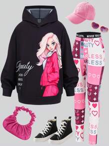 SHEIN 2pcs/Set Tween Girl Casual Digital Print Long Sleeve Hoodie Sweatshirt + Digital Print Knit Full Length Pants,Spring/Autumn - Black - View 3