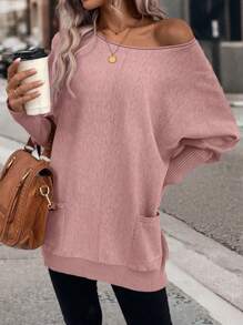 SHEIN LUNE 休闲时尚纯色蝙蝠袖双口袋毛衣，秋冬 - 藕粉色 - 查看 5