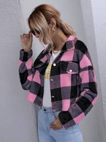 Chiquease Women's Plaid Drop Shoulder Long Sleeve Single-Breasted Cropped Casual Jacket, Autumn