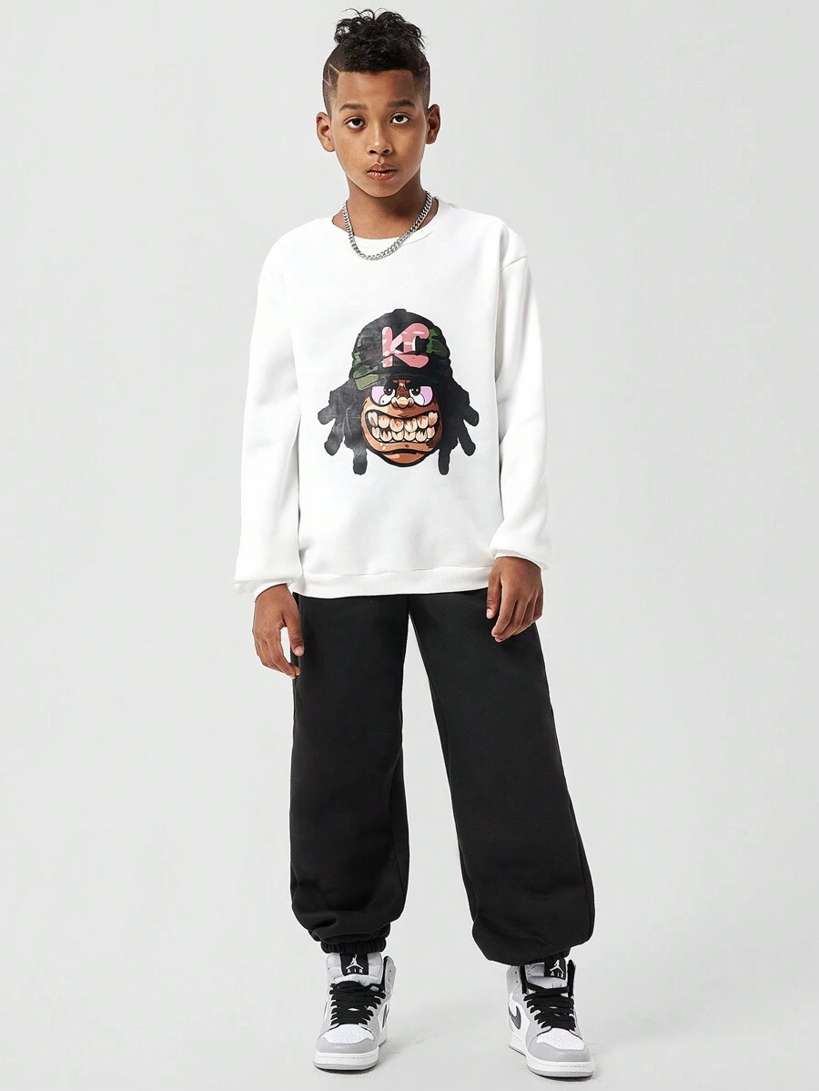 SHEIN 2pcs Tween Boys' Stylish Cartoon Portrait Sweatshirt & Sweatpants Set - White - View 1