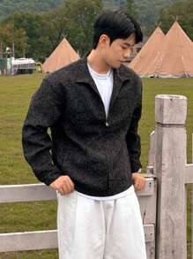 DAZY Men Casual Partial Zip Up Long Sleeve Jacket, Floral Pattern, Autumn Quarter Zip Men - Khaki - View 7