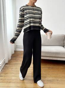 EURMUSE Women Casual Striped Black And White Batwing Loose Pullover Sweater And Relaxed Straight Knit Pants Set - Black and White - View 4