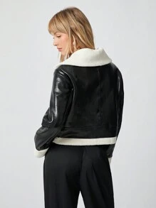 Muchica 1 chiếc áo khoác dài tay có túi lót lông mềm mại, màu trơn, khóa kéo phía trước - màu đen - Xem 2