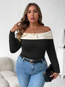SHEIN Clasi 1 件女式加大码彩色拼布弹性蝴蝶结装饰修身针织紧身衣，长袖 - 彩色 - 查看 1