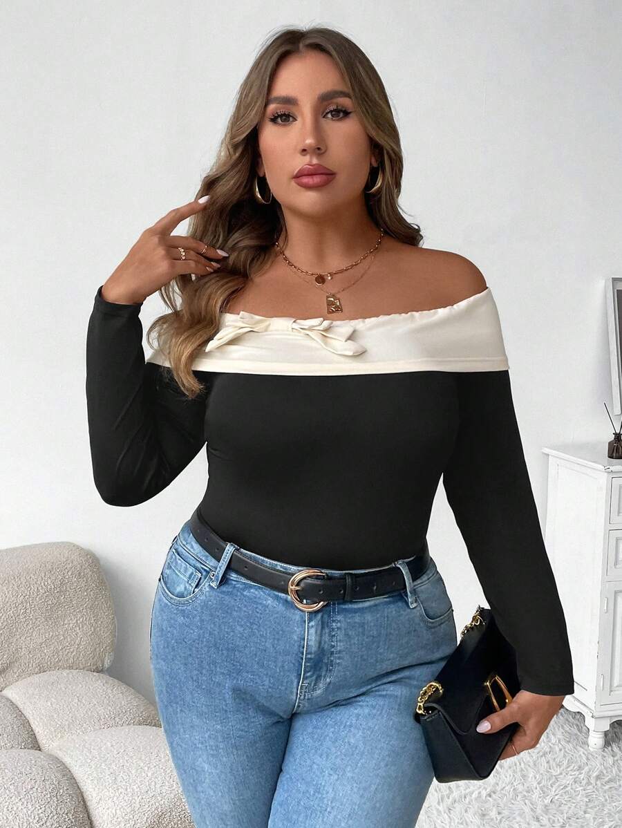 SHEIN Clasi 1 件女式加大码彩色拼布弹性蝴蝶结装饰修身针织紧身衣，长袖 - 彩色 - 查看 1