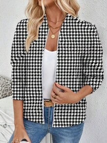 SHEIN LUNE Women's Casual Houndstooth Check Pattern Zip-Up Jacket, Suitable For Autumn & Winter - Multicolor - View 1