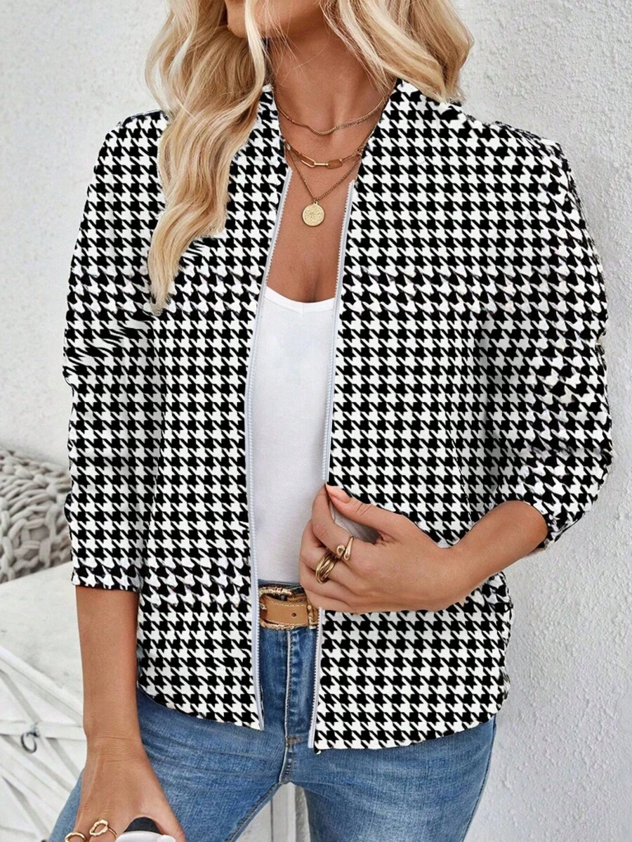 SHEIN LUNE Women's Casual Houndstooth Check Pattern Zip-Up Jacket, Suitable For Autumn & Winter - Multicolor - View 1