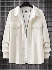 Manfinity Homme Plus Size Men's Solid Color Long Sleeve Casual Work Shacket For Spring And Autumn - Apricot - View 1