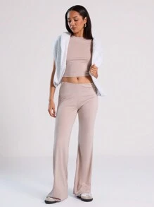 Musera Sport Pantalones de tiro medio con pierna acampanada, para otoño y verano - Caqui - Ver 1