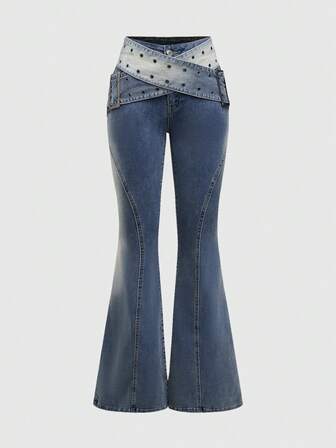 Grunge Punk Jeans évasés skinny à taille haute avec large ceinture taille basse, style Grunge Y2K