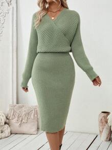 SHEIN Clasi Vestido de punto de manga larga con frente y espalda cruzados, casual para mujer en otoño/invierno - Verde - Ver 1