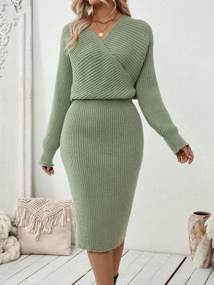 SHEIN Clasi Vestido de punto de manga larga con frente y espalda cruzados, casual para mujer en otoño/invierno - Verde - Ver 1