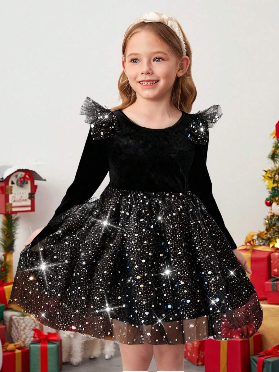 SHEIN Young Girl Black Knitted Round Neck Ruffled Patchwork Sparkly