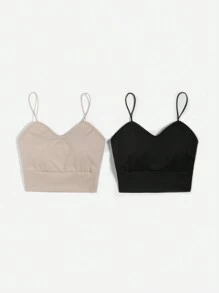 SHEIN BASICS 2pcs/Set Women Solid Color Knit Fitted Sport Crop Top Cami - Multicolor - View 13