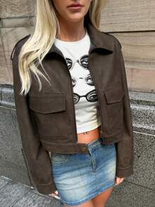 Forever 21 1 chiếc Áo khoác tay dài cổ bẻ PU thời trang giản dị hợp thời trang thu đông mới về - màu nâu - Xem 10