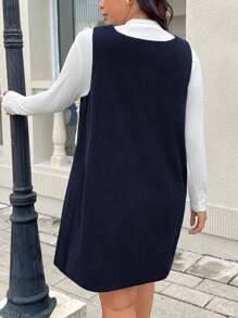 SHEIN Frenchy Plus Size Casual Corduroy Sleeveless V-Neck Dress - Navy Blue - View 2