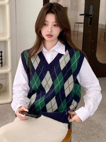 DAZY V-Neck Sleeveless Plaid Knit Sweater Vest For Women, Casual Daily Wear Fall/Winter