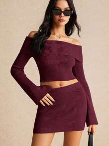 Poéselle Ensemble casual de 2 pièces pour femmes, top épaules dénudées et jupe de couleur unie, tenue d'automne