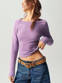 Bohemela 1pc Women Solid Color Knit Crew Neck Long Sleeve Fitted Washed Top