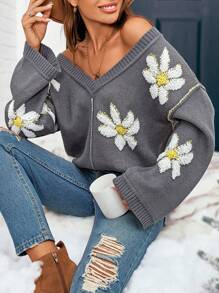 SHEIN VCAY Women Floral Pattern V-Neck Drop Shoulder Long Sleeve Sweater, Autumn/Winter,Thanksgiving , Valentine's Day Tops,FALL/Winter,Christmas Pajamas Family,Christmas Women Clothes,FW24,Christmas Sweater - Grey - View 3