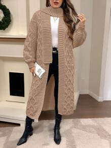 SHEIN Essnce 2pcs/Set Plus Size Women's Long Knitted Cardigan Sweater Set - Khaki - View 3