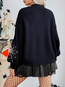 SHEIN LUNE 万圣节女士休闲蜘蛛网图案落肩开衫 - 藏蓝色 - 查看 2