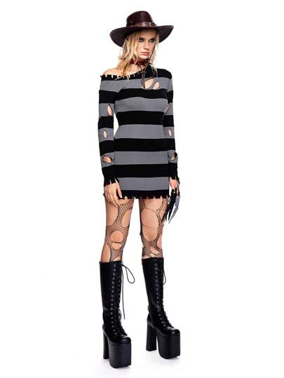 Grunge Punk 1 pieza Suéter asimétrico de cuello largo con estampado de rayas desgastado de moda de otoño
